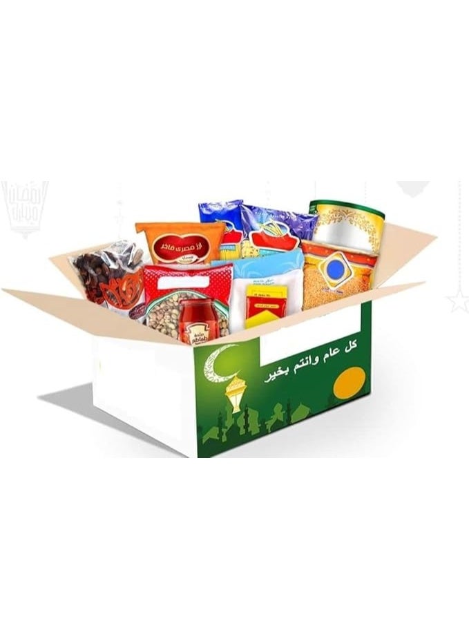 كرتون رمضان – 10 كيلو، 16 قطعة أساسية شامل رز، سكر، مكرونة، فول، زيت، سمنة، بلح، دقيق، صلصة، ملح وجبنة